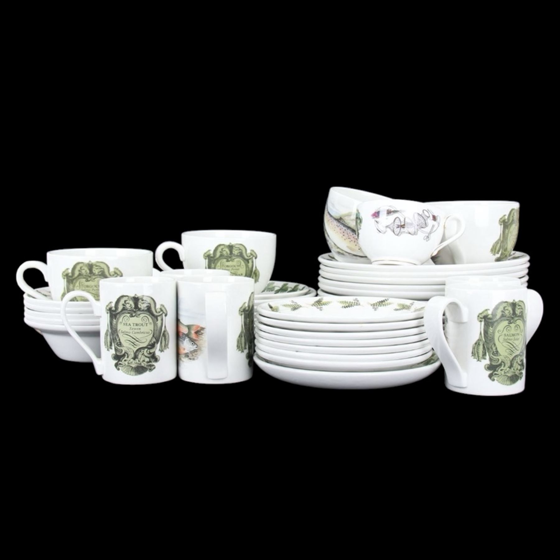 Portmeirion Complete Angler part tea and dinner service, including eleven dinner plates, five bowls, seven mugs etc together with two Royal Worcester cups and saucers