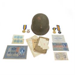 Two duos of WWI medals together with The Soldiers Small Book of Thomas Adams, together wit...