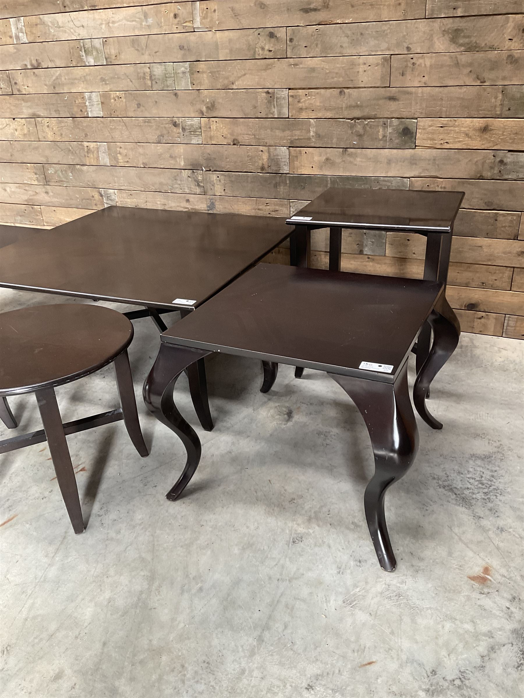 Large square rosewood coffee table, two matching circular tables and lamp table; and a rectangular coffee table and matching lamp table