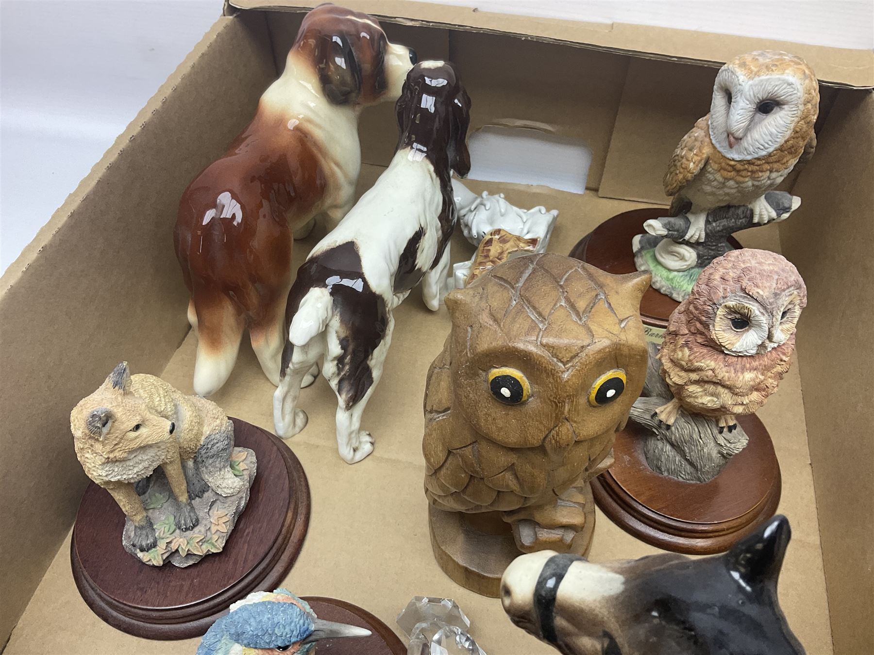 Five Royal Worcester figures including Emma and Felicity, together with similar figures, glass animals, paperweights, Murano glass clown, and a collection of animal figures, etc, in three boxes