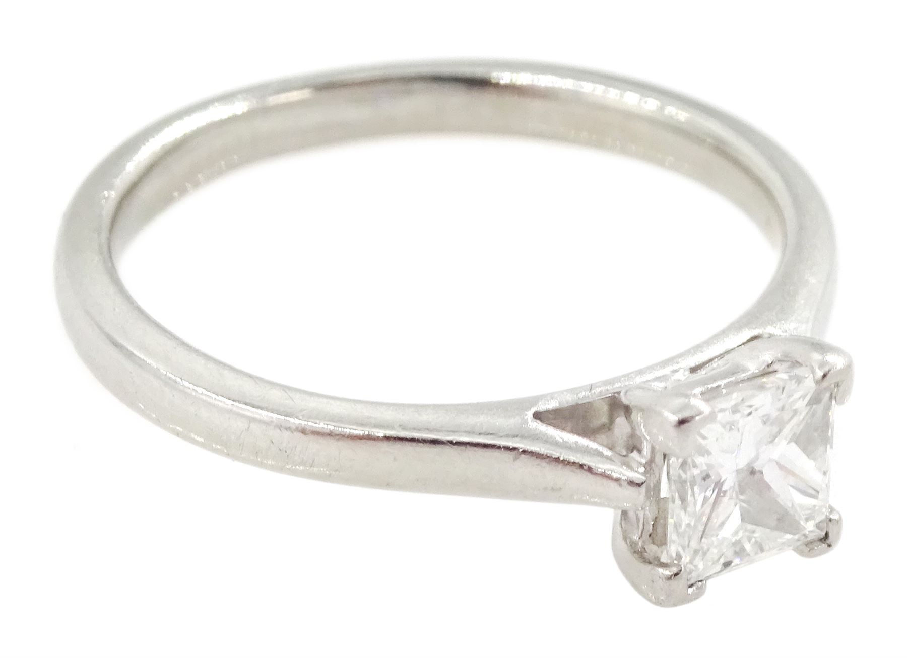 Platinum single stone square modified brilliant cut diamond ring by Hugh Rice, Sheffield 2014, diamond 0.50 carat, GIA report check: colour G, clarity VS1