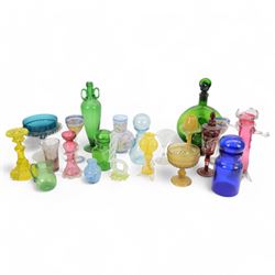 Collection of Victorian and later coloured glassware, including moulded green glass circul...