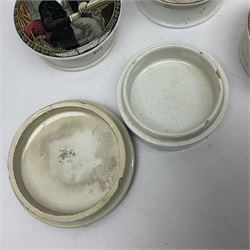 Seven 19th century Prattware pot lids with associated bases, including 'The Snow Drift', 'Strathfieldsaye The Seat of the Duke of Wellington', 'The Late Prince Consort', 'French Street Scene', Lend a Bite', 'Dr Johnson' and 'Sandringham the Seat of HRH The Prince of Wales', largest D12cm (7)