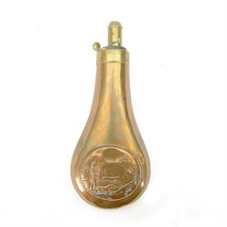 Copper gun powder flask, marked 'James Dixon & Sons' decorated in relief with hunter with ...