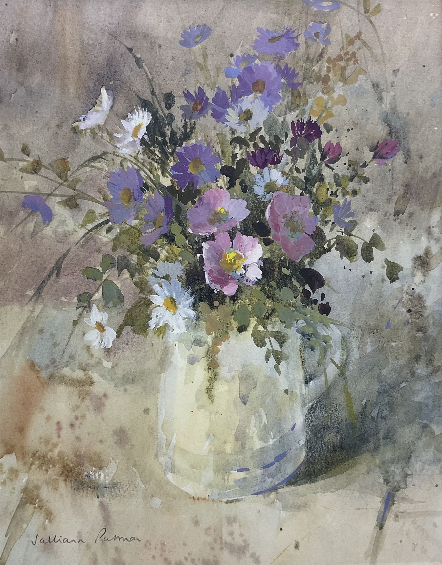 Salliann Putman RWS NEAC (British 1937-): Still Life of Summer Flowers, watercolour and gouache signed 34cm x 26cm