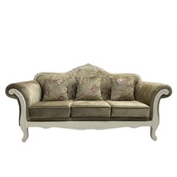 French style white finish three seat sofa, upholstered in grey fabric with scrolling floral pattern, the frame decorated with leaf motifs 