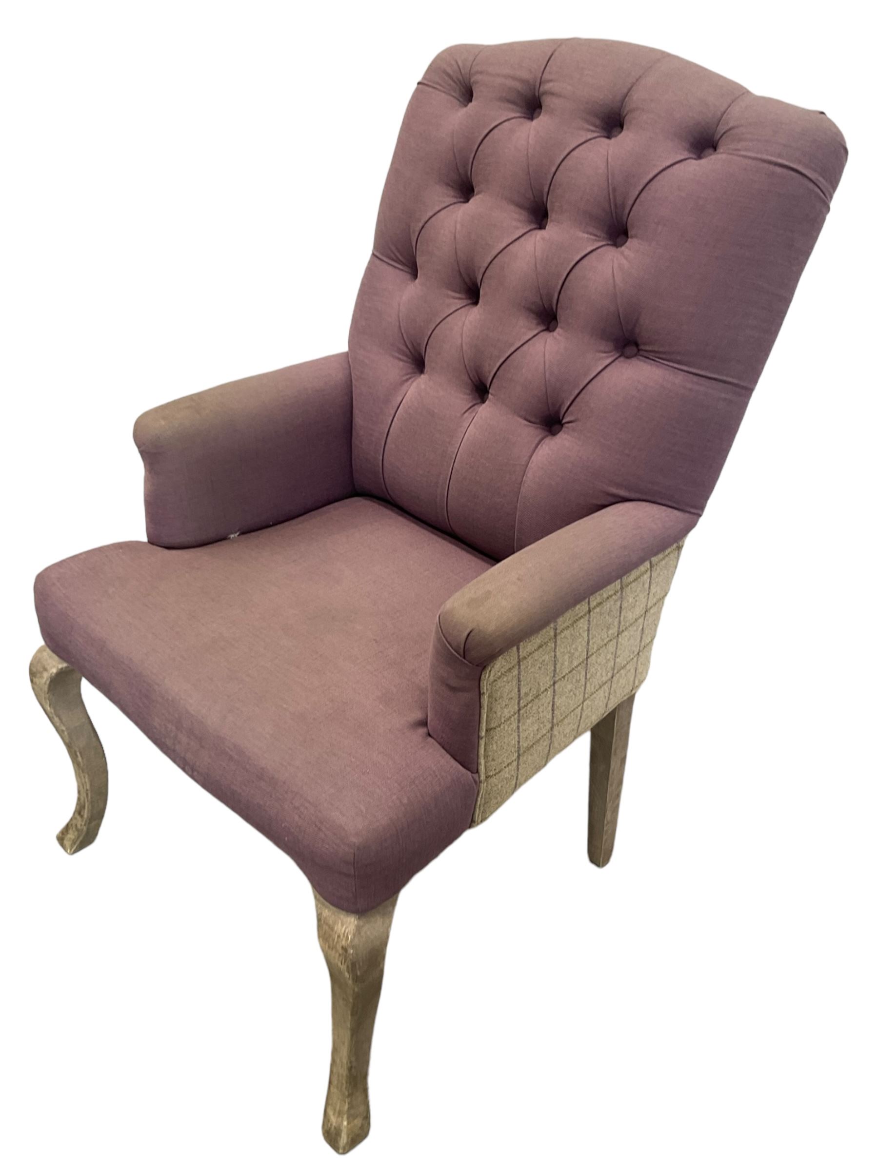 Voyage - four high back armchairs upholstered in buttoned lilac and tweed fabric, painted cabriole legs