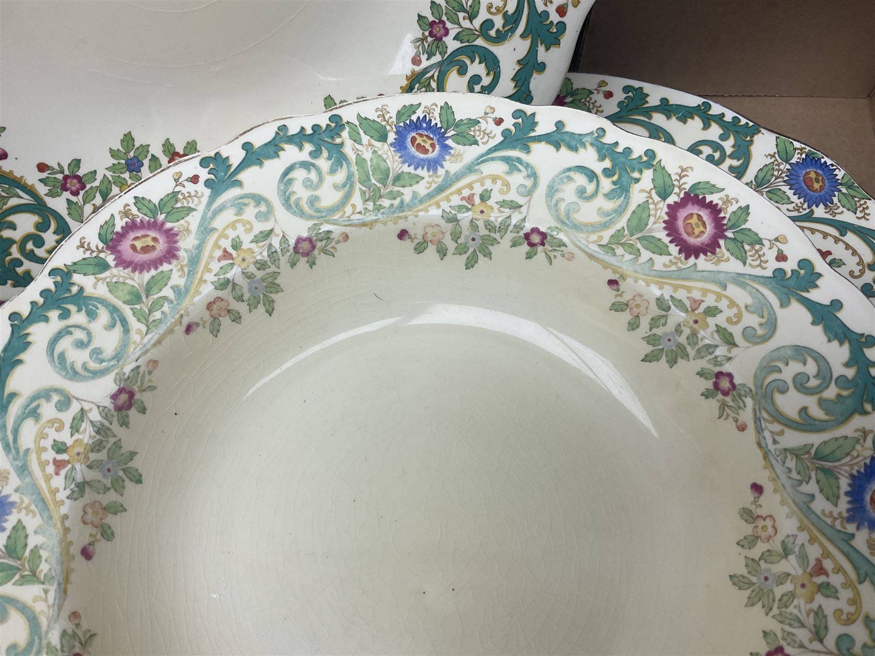 Royal Cauldon Evesham pattern dinner wares, including dinner plates, tureens, egg cups, bowls, sides plates and saucers