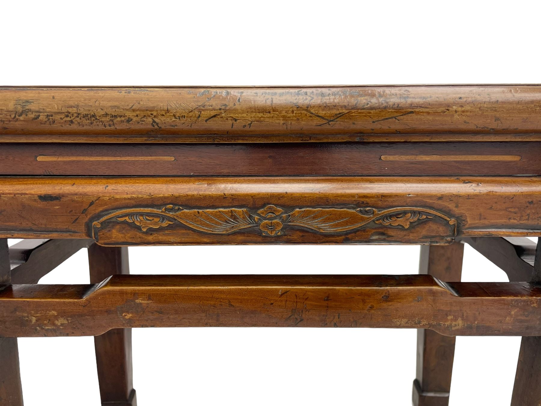 Pair of Chinese Hong Kong hardwood side tables, rectangular panelled top within moulded frame, the frieze rails carved with bats, on square supports terminating to hoof feet, united by shaped upper rails