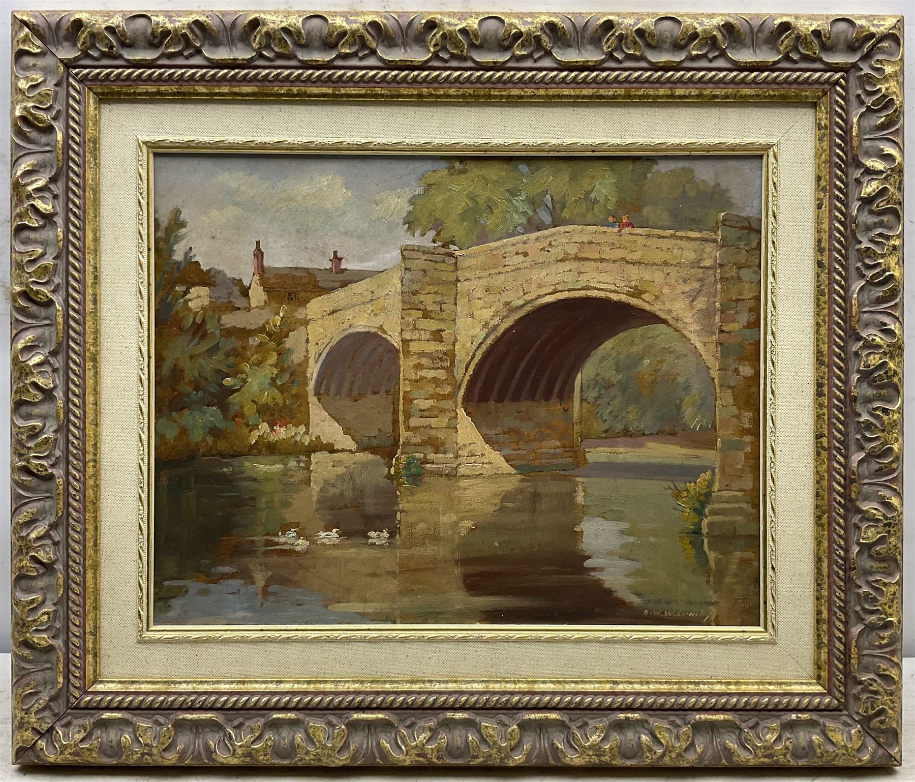 Byron Winston Warmby (Sheffield 1902-1978): 'Baslow Bridge - Derbyshire', oil on board signed, titled verso 34cm x 44cm
Provenance: private collection, purchased Phillips Leeds 19th November 1998 Lot 599; with Hibbert Brothers, Norfolk St., Sheffield, labels verso