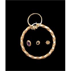 9ct gold jewellery, including old single hoop earring, stone set ring and other single earrings