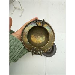 Art Nouveau silver mounted desk thermometer, embossed with floral sprigs, together with small dish with a enameled centre, and another hammered dish