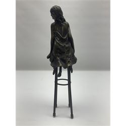 Art Deco style bronze modelled as a semi naked female figure, seated upon a chair, after 'Pierre Collinet', H27cm