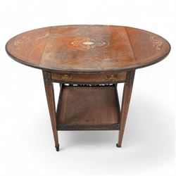 Edwardian inlaid rosewood occasional centre table, oval drop-leaf top inlaid with central fan and extending foliate motifs, fitted with single drawer, on square tapering supports united by galleried undertier, on brass castors 