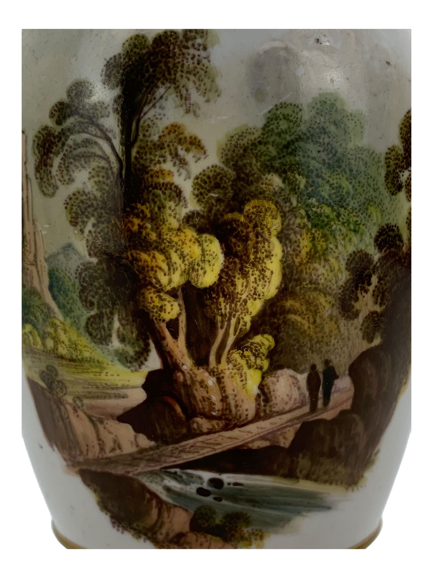 Early 19th century Derby vase, of campana urn form, decorated to one side with a hand painted reserve of a basket of flowers, within a scroll gilt border and twin serpent form handles, H20.5cm together with a Bloor Derby vase, hand painted with figures in a wooded landscape, with twin gilt swan form handles, upon a square pedestal foot, H25cm (2)