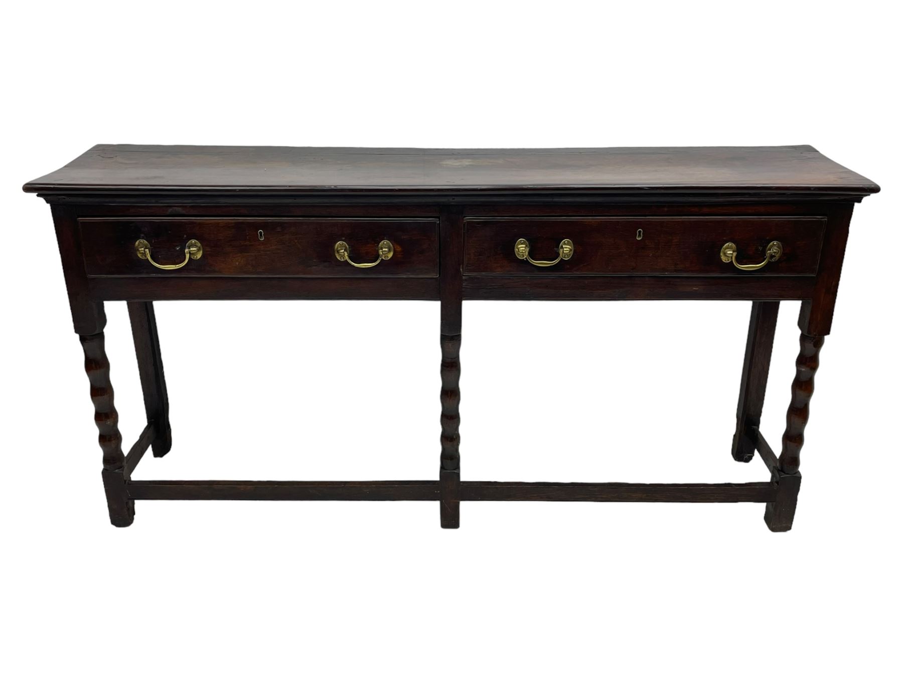 18th century oak dresser base, rectangular top, fitted with two drawers with moulded facia edges and brass swan neck handles, raised on turned front supports united by stretchers