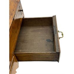 18th century walnut bureau, fall-front enclosing fitted interior with drawers and pigeonholes, over two short and two long drawers with brass escutcheon plates and handles, raised on bracket feet