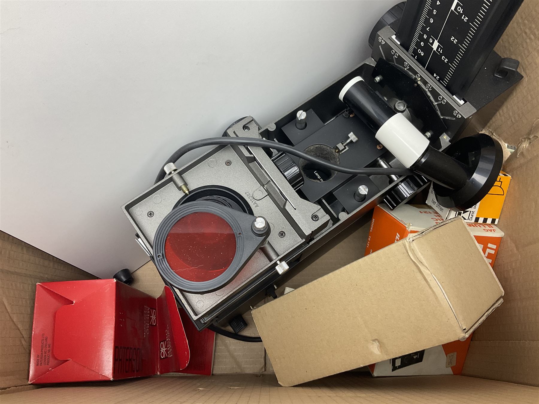 Collection of photography developing equipment, including Durst photographic enlarger etc