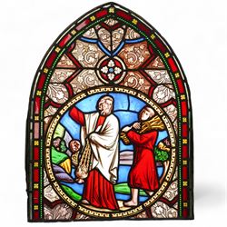 Late 19th/early 20th century leaded stained glass panel, depicting Moses and a man collect...