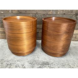 Pair of walnut circular barrel shaped lamp tables, fitted with single drawer