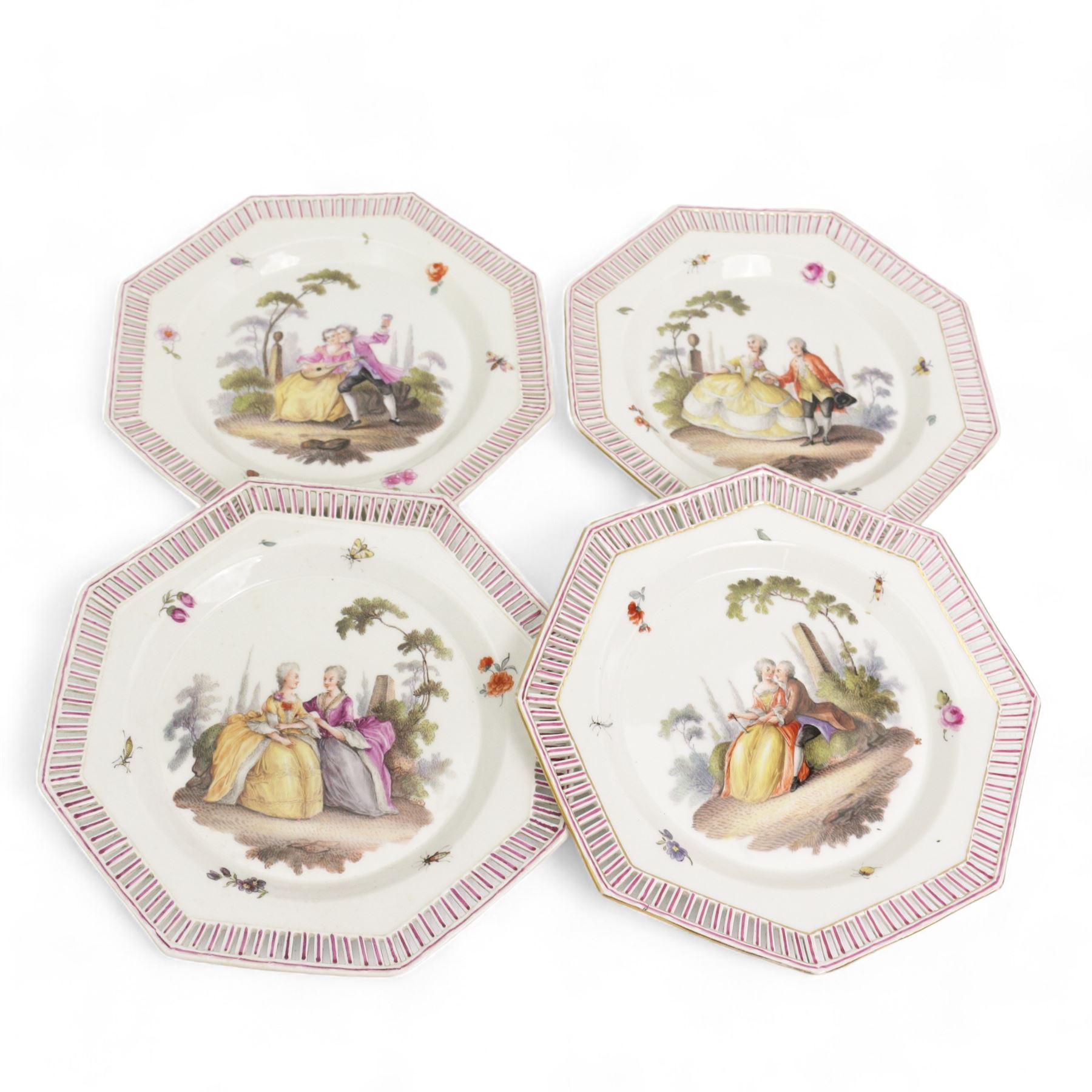 Set of six 19th century Berlin octagonal plates and a pair of two handled baskets, with pierced designs and decorated with couples in landscapes, plates D21cm, baskets, D23cm (8)