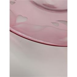 1980s Turnmill Studio glass bowl, pink with etched foliate and heart decoration, with indistinct signature, D44cm