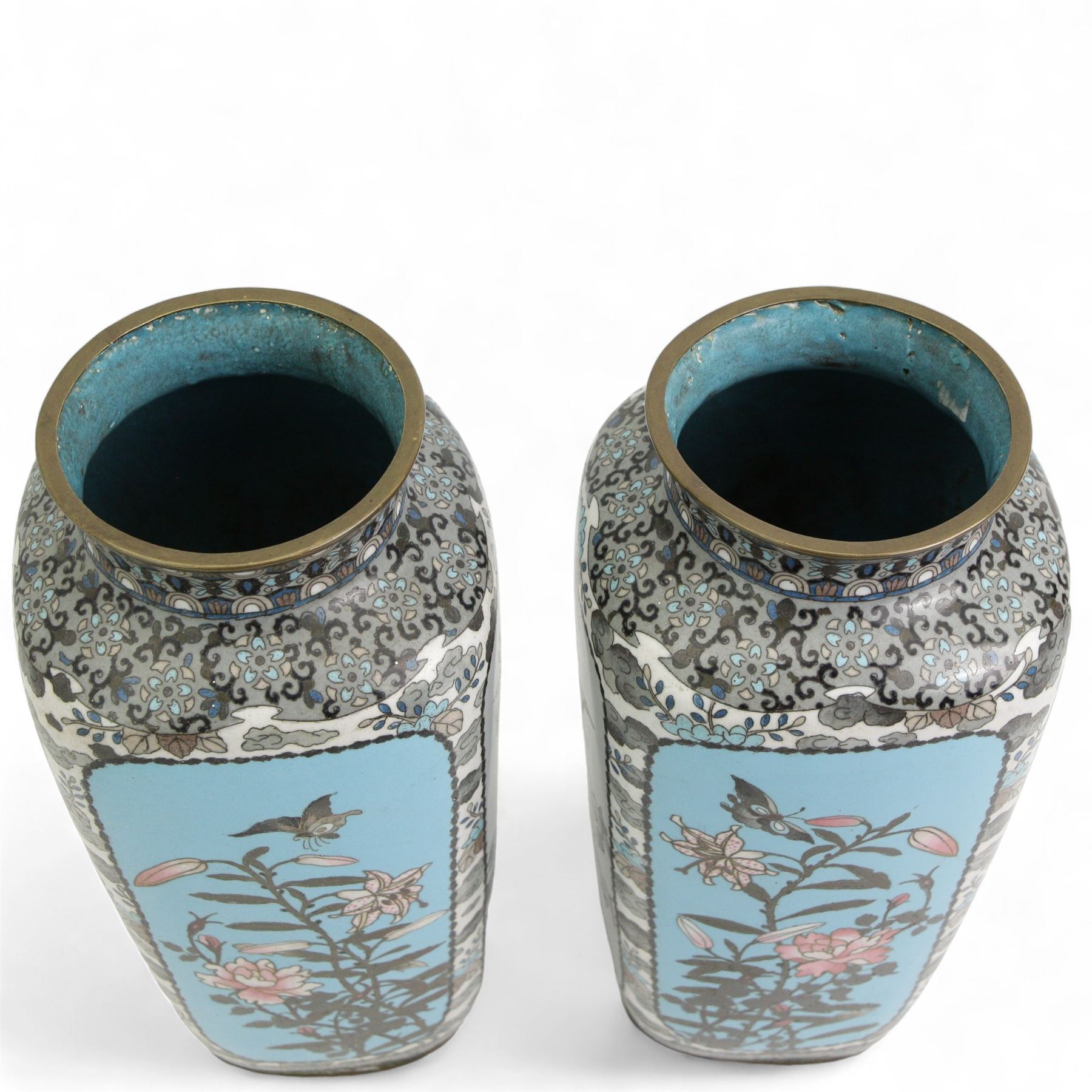 Pair of Japanese Cloisonne vases, of rounded square form, each decorated with four panels depicting birds amongst trees, against turquoise and pale blue/ grey ground, unmarked, H32cm