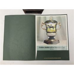 Aynsley twin handled racing cup and cover, to commemorate 'The Golden Jubilee of the Revival of The Yorkshire Cup', the handles inscribed '1927' and '1977', the green body painted by E. Woodhouse with Joe Childs up on Trimdon, the reverse with the winners, the domed cover with a Yorkshire rose finial, limited edition no. 4 of 50, on hexagonal wooden base with certificate, H34cm