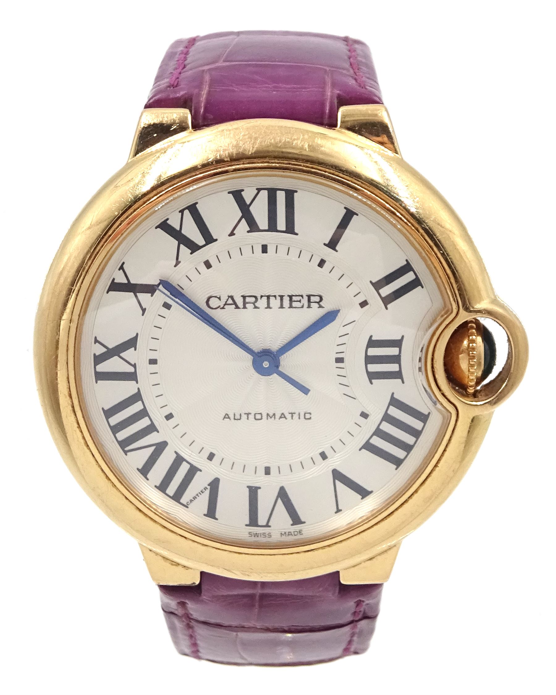 Cartier Ballon Bleu ladies 18ct rose gold automatic wristwatch, Ref. 3003, serial No. 100558SX, silvered guilloche enamel dial with Roman numerals and secret signature at 7, on original purple leather strap with 18ct gold Cartier buckle