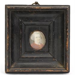 English School (18th century): Portrait of a Georgian Gentleman Wearing a White Wig and Red Jacket, miniature watercolour on ivory unsigned 3.5cm x 3cm. This item has been registered for sale under Section 10 of the APHA Ivory Act