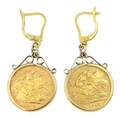 Pair of George V 1912 gold half sovereign coins, loose mounted in 9ct gold pendant earrings