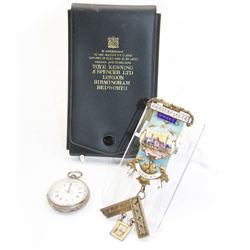Silver Masonic jewel, inscribed 'Industry Lodge no 4662 1944-45' and decorated in enamel with an industrial scene, presented to 'W. Bro A.P. Clark in appreciation of his valuable services as 21st WM 1944-45, stamped silver, together with a continental silver ladies fob watch, the dial with enamel and gilt floral decoration, stamped 800