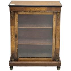 Victorian inlaid walnut pier cabinet, moulded rectangular top over single glazed door, cha...