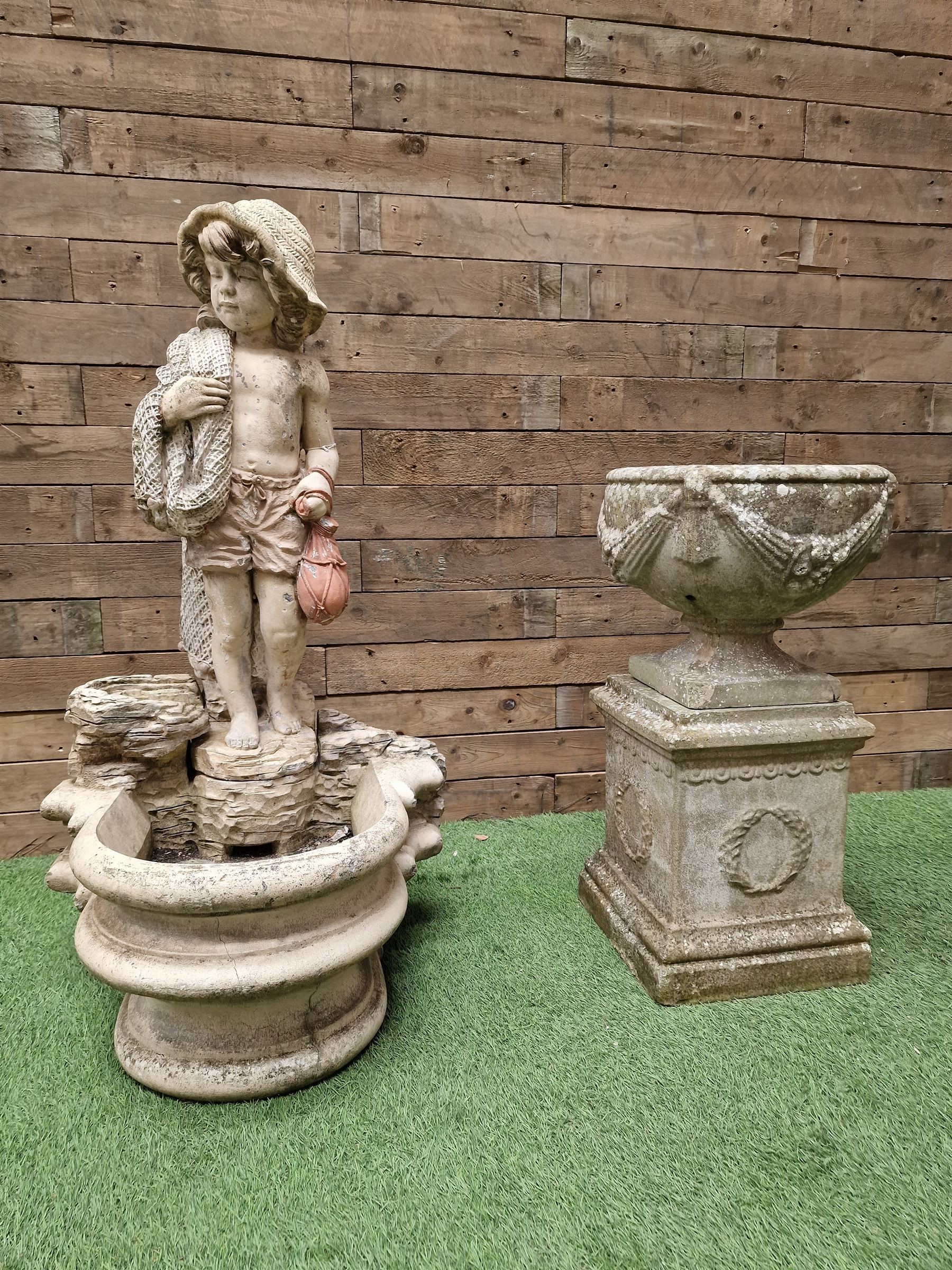 Three section cast stone garden figure of a boy carrying fishing net and a satchel with a water feature together with a cast stone planter on plinth - THIS LOT IS TO BE COLLECTED BY APPOINTMENT FROM DUGGLEBY STORAGE, GREAT HILL, EASTFIELD, SCARBOROUGH, YO11 3TX