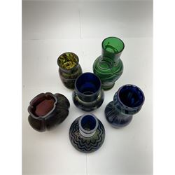 Six Austrian Art Nouveau glass vases, to include green, purple and blue examples of varying designs, some examples by Kralik, Rindskopf etc, tallest H17cm