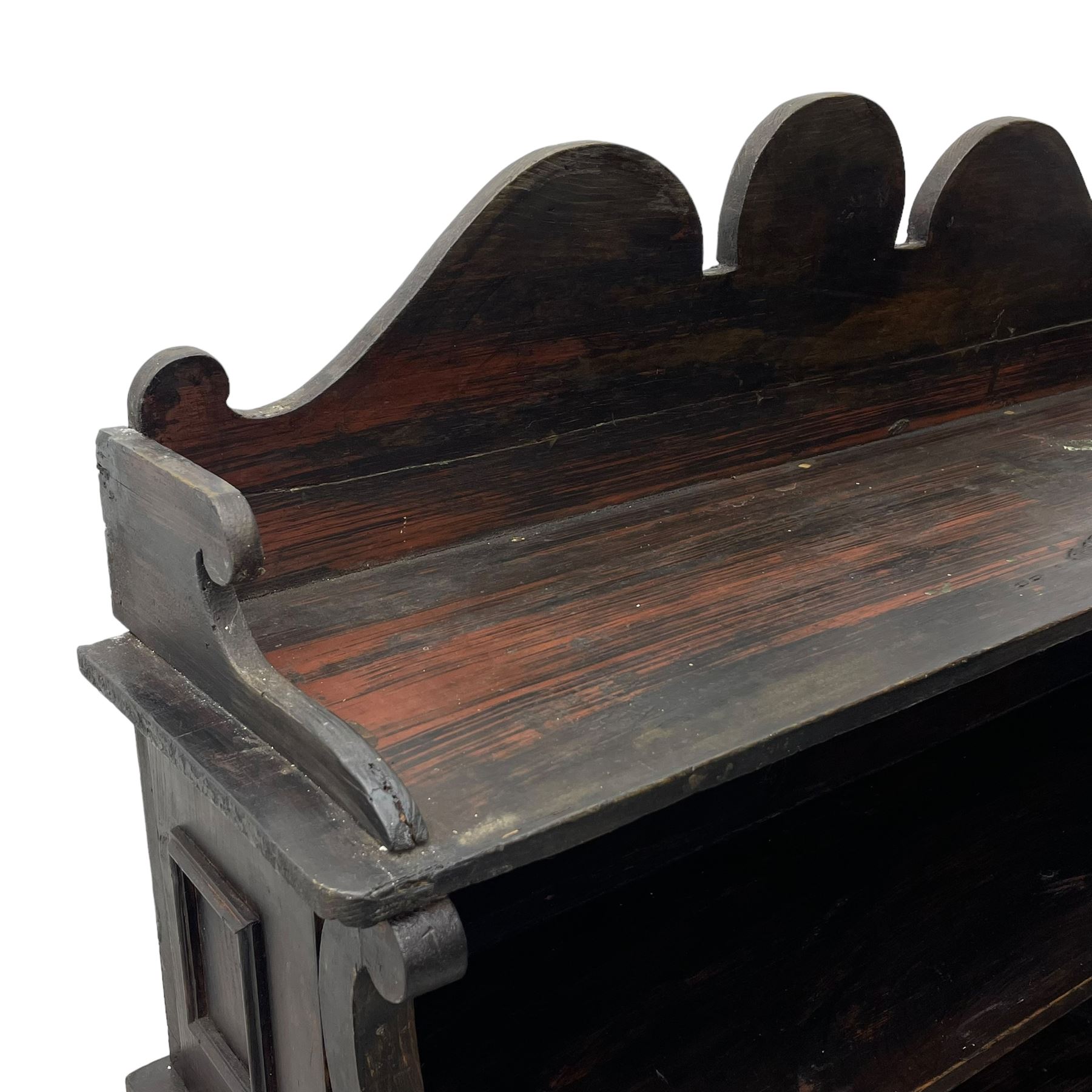 Victorian scumbled pine chiffonier, raised shaped back fitted with two shelves on S-scroll supports, rectangular top with rounded corners over single frieze drawer and open shelf, on projecting rounded sledge platforms and compressed bun feet, scumbled to resemble rosewood 