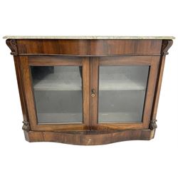 Victorian rosewood side cabinet, shaped and moulded white marble top over plain frieze, single shelf enclosed by two glazed doors, flanked by square pilasters with S-scroll carved brackets, on plinth base