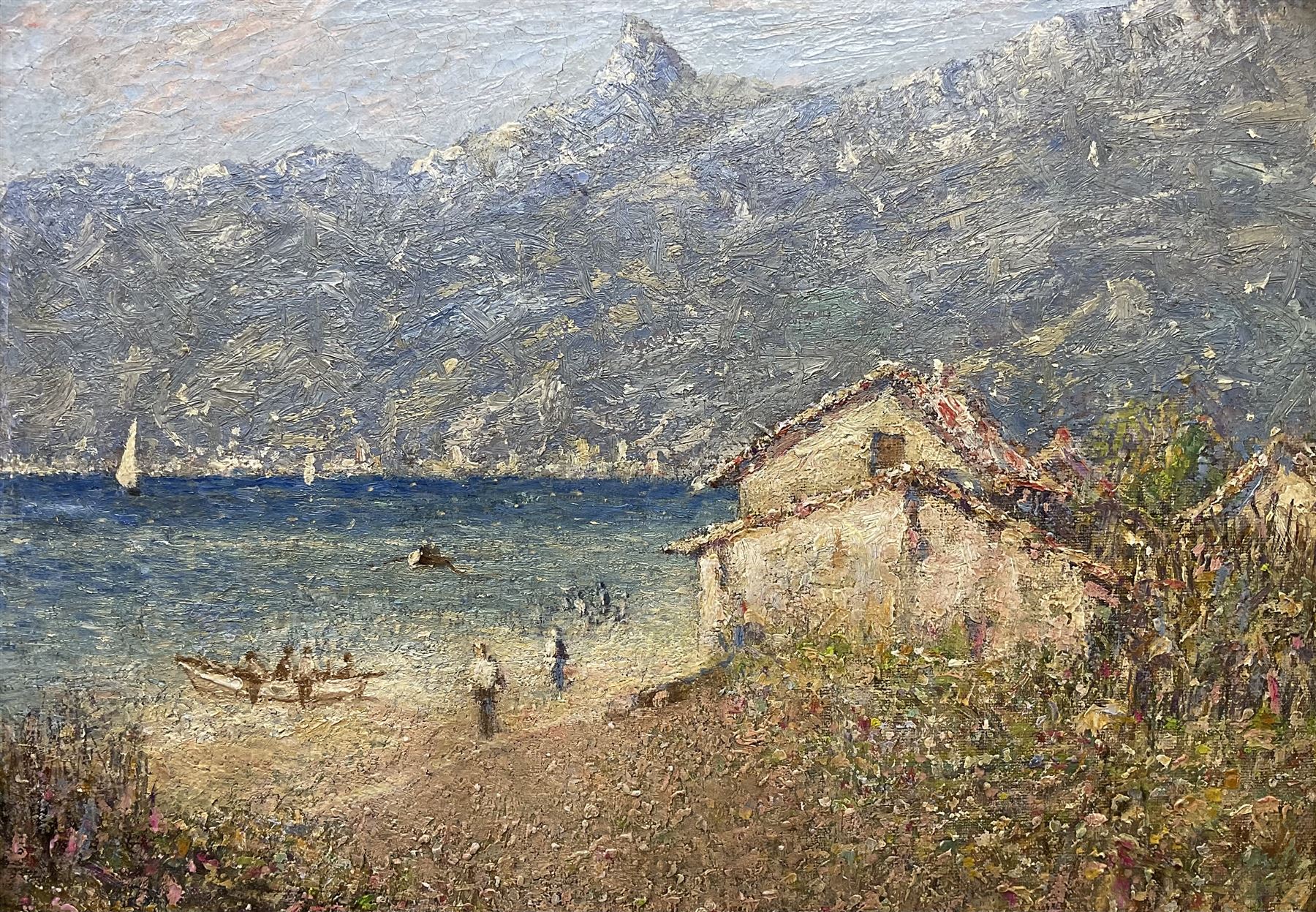 Andrew Charles Colley (Staithes Group 1859-1910): Italian Lakeside in Winter, oil on canvas laid on to board unsigned 25cm x 35cm 
Provenance: given to a relative of the previous vendor (who lived in Runswick Bay) by the artist's wife. Colley lived at 'The Firs' in Hinderwell, and is one of the more elusive members of the Staithes Group.