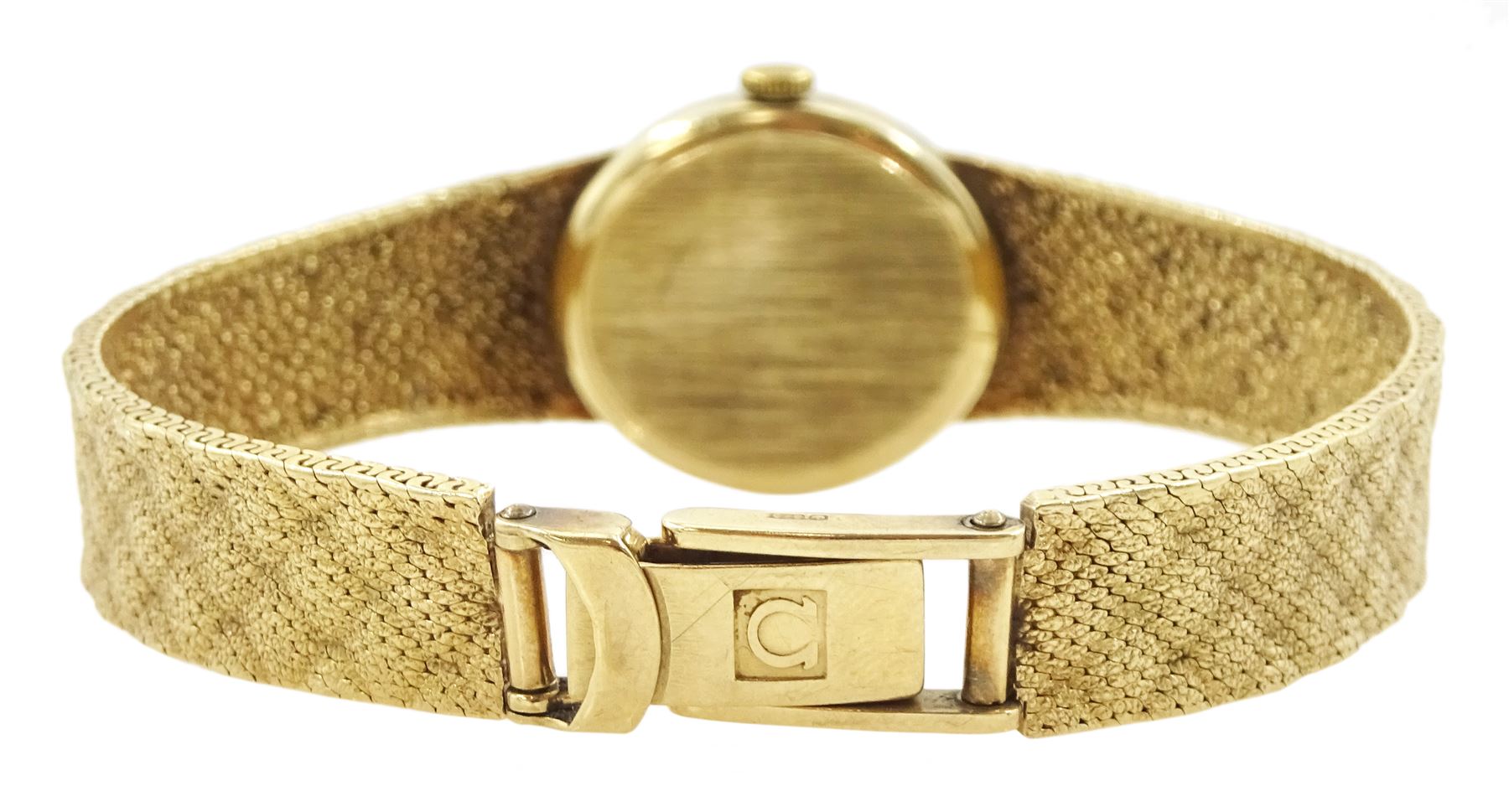 Omega ladies 9ct gold manual wind wristwatch, oval champagne dial with baton hour markers, Cal. 625, on integral 9ct gold bracelet, London 1977/78, boxed with papers