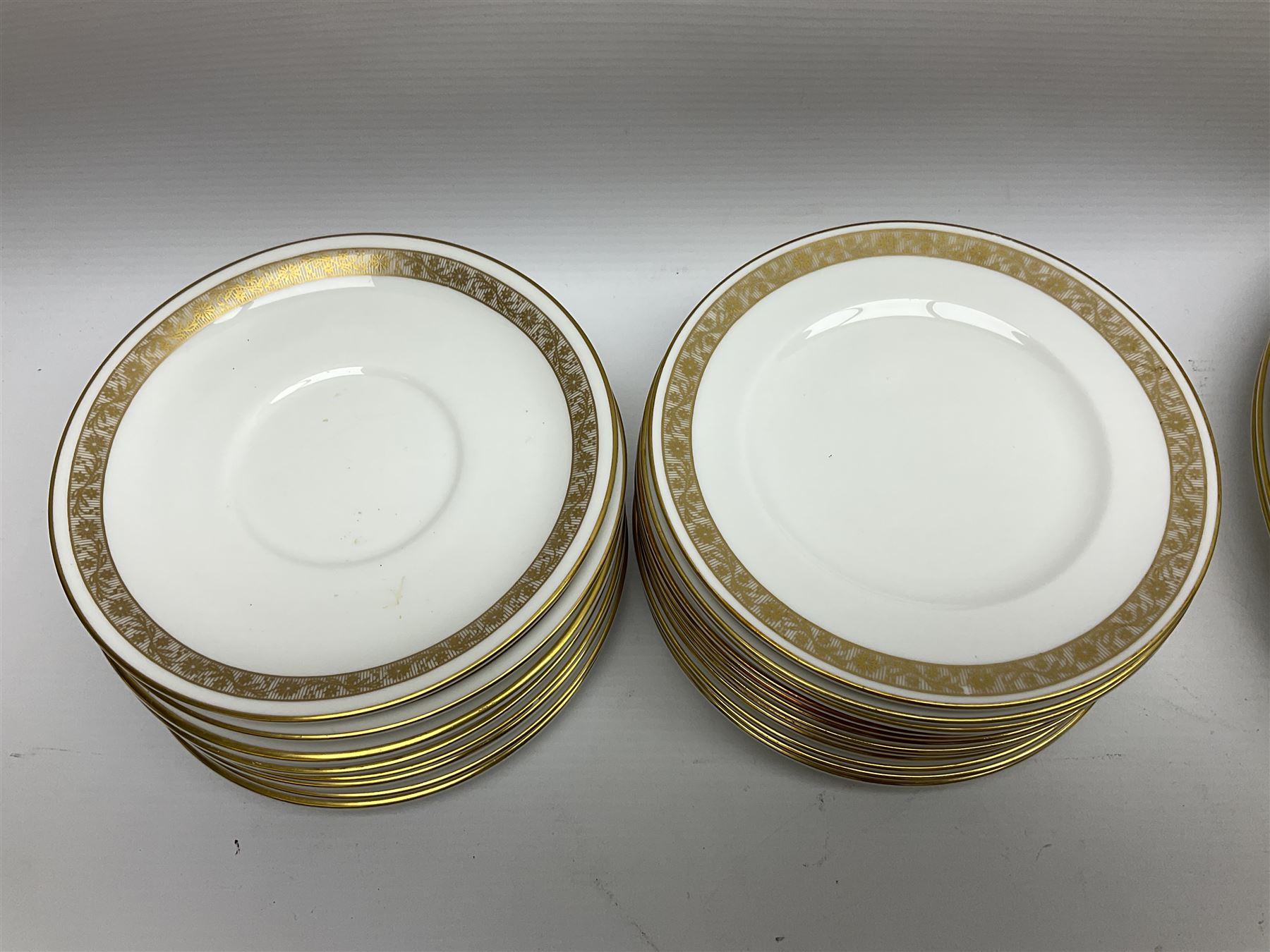 Royal Worcester Golden Anniversary pattern dinner wares, including ten dinner plates, twelve side plates, eight twin handled bowls and saucers, covered tureen (55)