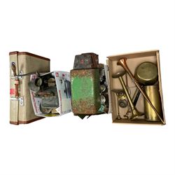 Collection of brass and copper together with other metal ware, suitcase, linens etc, in four boxes 