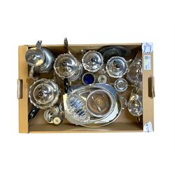 Metalware, mostly silver plate, to include tea wares, sauce boats, cruets, serving dishes, toast rack, bottle coaster, etc., in one box 