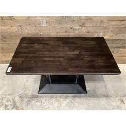 Two dark walnut rectangular console tables, on black metal bases