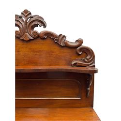 Victorian mahogany chiffonier, raised back with carved C-scroll foliage mounts and shelf, rectangular top with rounded corners over frieze drawer and double panelled cupboard, on skirted base