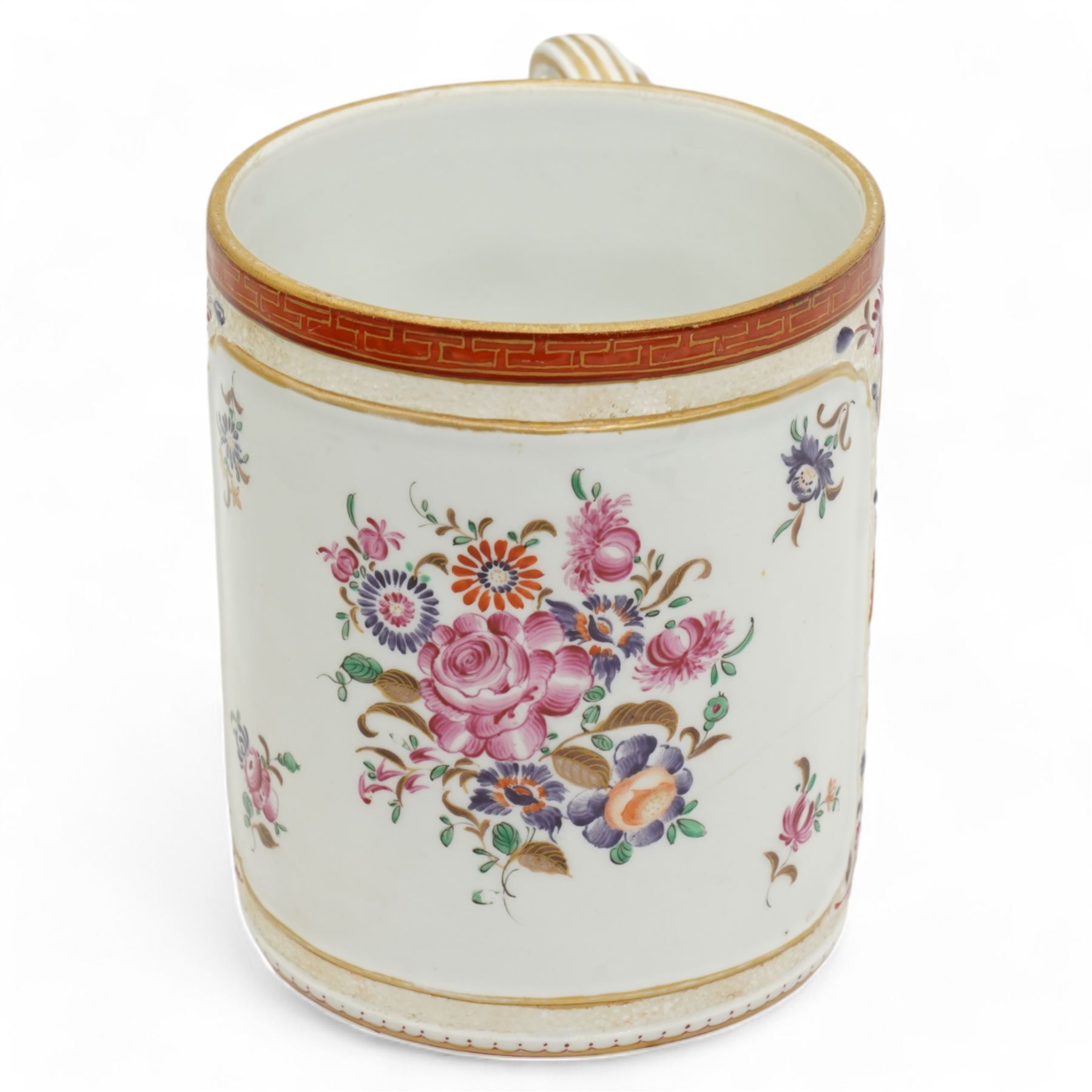 Large porcelain tankard by Samson of Paris, decorated in the Chinese Export famille rose style with panels of flowers, against a low relief ground of butterflies and floral sprigs, with reeded strapwork handle, H15cm