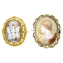 19th century 14ct gold cameo brooch, depicting Alexander the Great wearing the horns of Ammon, in a scroll frame, and a gold-plated cameo brooch depicting the Three Graces