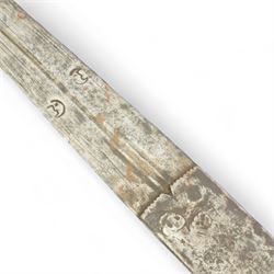 Sudanese Kaskara sword, the broad blade with traces of engraving, leather cross piece and leather wound grip, blade length 77cm