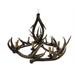 Deer antler chandelier, of circular shaped form, with nine fitted lights, D84cm, H65cm