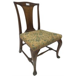 Mid-18th century mahogany side chair, shaped cresting rail over tapered back splat, seat upholstered in green and camel foliate patterned fabric with stud work border, raised on cabriole supports united by swell-turned stretchers