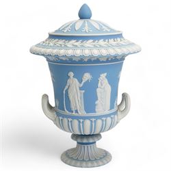 Group of five late 19th and early 20th century Wedgwood blue jasperware urn vases, H28cm and smaller (5)